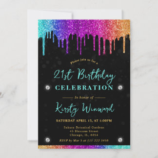 Rainbow Dripping Glitzer Bokeh 21. Geburtstag Einladung