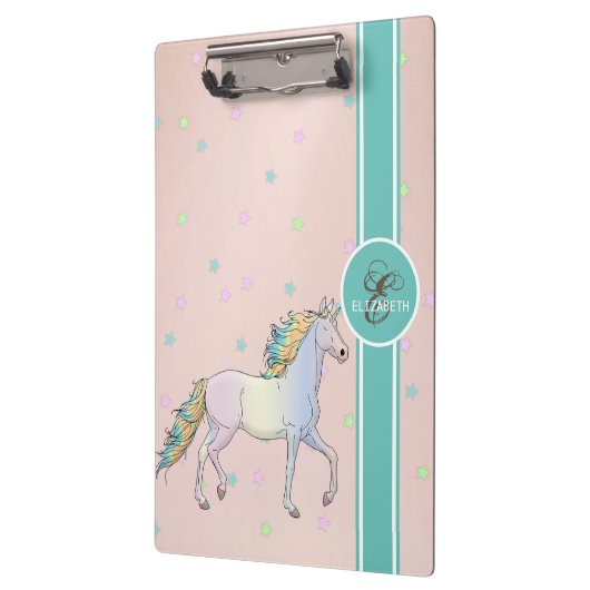 Rainbow-Einhorn, farbenfrohe Sterne, Monogramm Klemmbrett (Links)