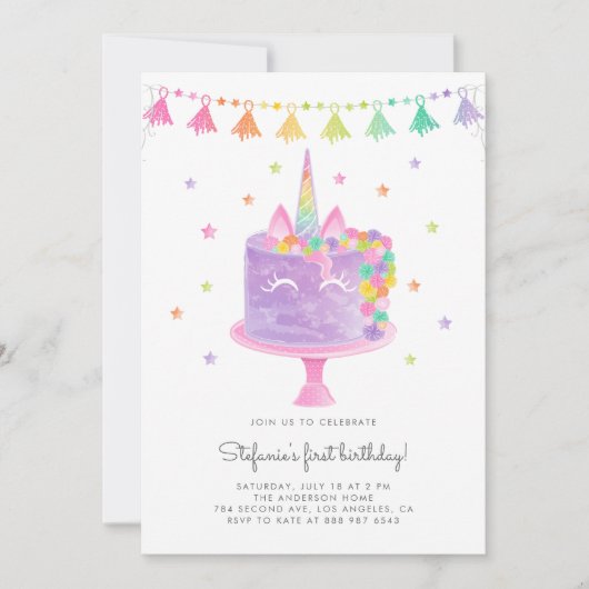 Rainbow Einhornkuchen Geburt Einladung (Vorderseite)