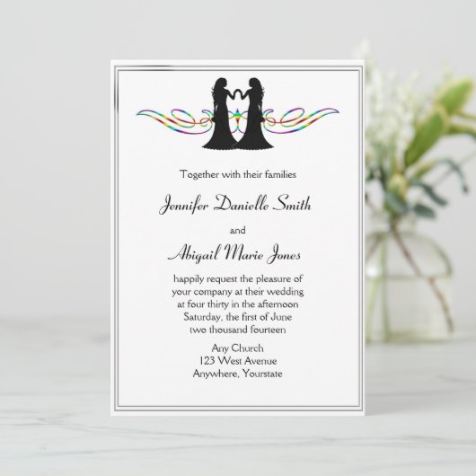 Rainbow Elegance Gay Brides Hochzeit Einladung (Stehend Vorderseite)