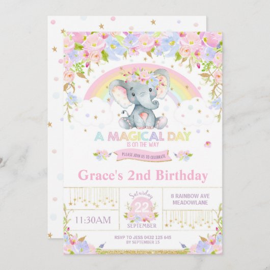Rainbow Elephant Birthday Party Einladung Girl (Vorne/Hinten)