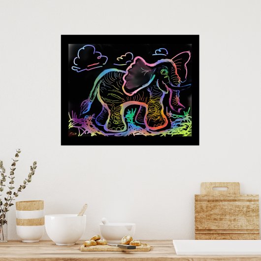 Rainbow Elephant Sketch Art Print Poster (Küche)