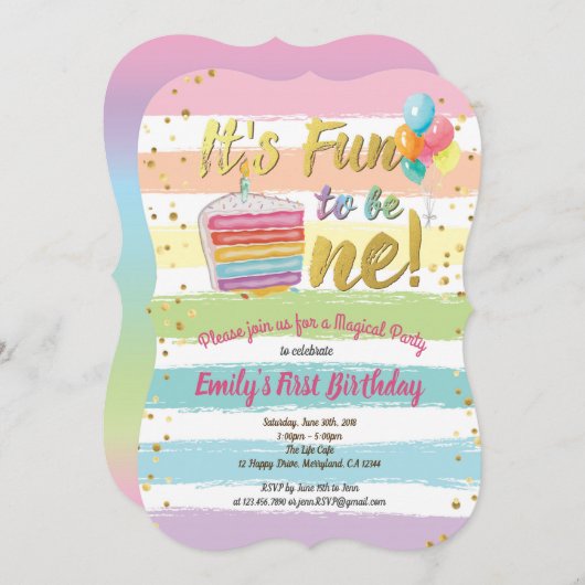 Rainbow erster 1. Geburtstag Party Kuchen Ballon Einladung (Vorne/Hinten)