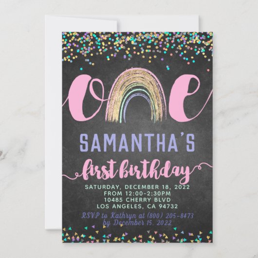 Rainbow Erster Geburtstag Einladung (Vorderseite)
