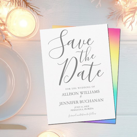 Rainbow Fade Chic Grautypografie LGBT Gay Wedding Save The Date
