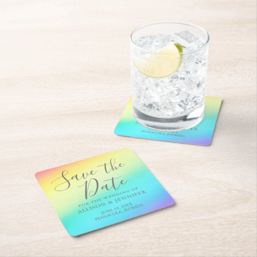 Rainbow Fade fröhliche LGBTQ Save the Date Rechteckiger Pappuntersetzer (Vor Ort)