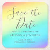 Rainbow Fade fröhliche LGBTQ Save the Date Rechteckiger Pappuntersetzer (Vorderseite)