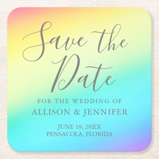 Rainbow Fade fröhliche LGBTQ Save the Date Rechteckiger Pappuntersetzer (Vorderseite)