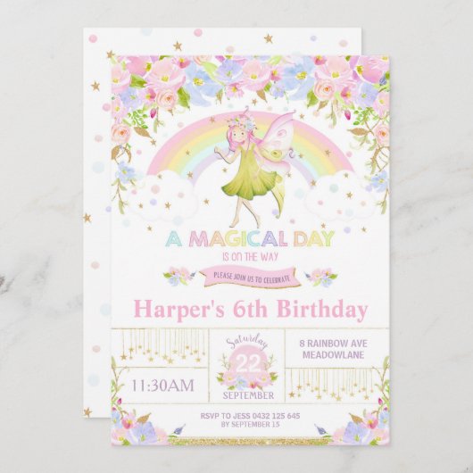 Rainbow Fairy Birthday Invitation Girl Einladung (Vorne/Hinten)