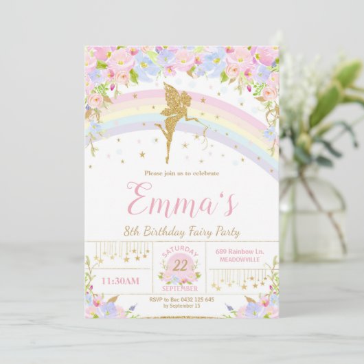 Rainbow Fairy Birthday Party Einladung Girl (Stehend Vorderseite)