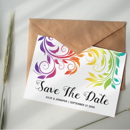 Rainbow-Farb-Scrollblatt Lesbian Save the Date Ankündigungspostkarte