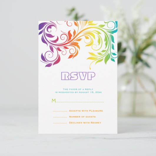 Rainbow Farb-Scrollblatthochzeit RSVP (Stehend Vorderseite)