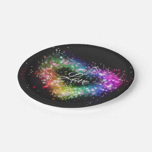 Rainbow-Farben sprühen Farbe Glitzer-Herz Pappteller (Schrägansicht)