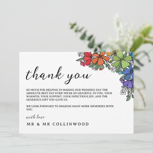 Rainbow-farbene Blume LGBT Foto Hochzeit Dankeskarte (Stehend Vorderseite)