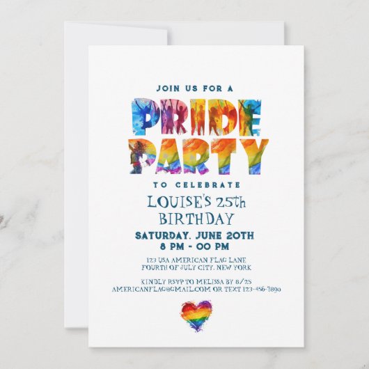 Rainbow-farbene Briefe Pride Birthday Party Einladung (Vorderseite)