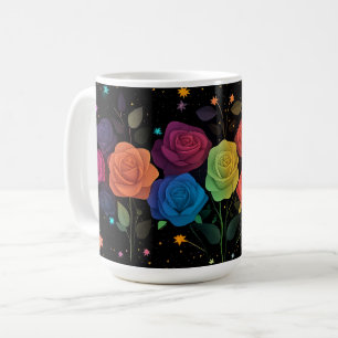 Rainbow-farbene Rose Galaxy Stars Black Whimsical Kaffeetasse