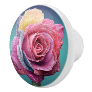 Rainbow-farbene Rose mit Taubentropfen Keramikknauf