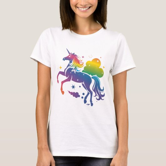 Rainbow-farbenes Einhorn-Design T-Shirt (Vorderseite)