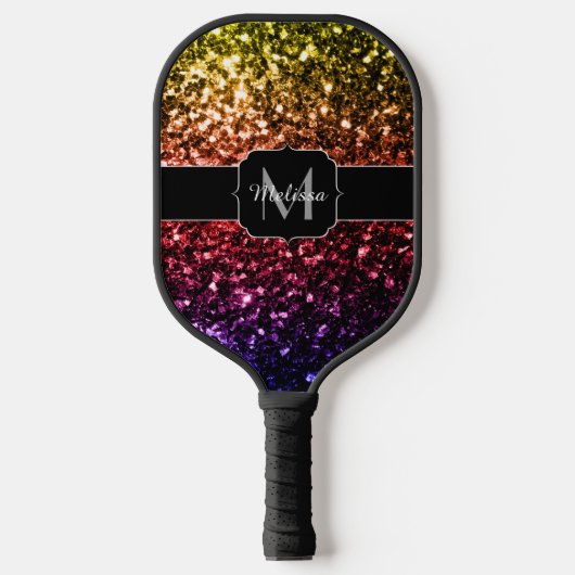 Rainbow-farbige Imitate Glitzer Glitzern Monogramm Pickleball Schläger (Vorderseite)