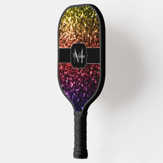 Rainbow-farbige Imitate Glitzer Glitzern Monogramm Pickleball Schläger (Links)