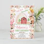 Rainbow & Farm Geburtstag für Mädchen, Landtiere Einladung (Stehend Vorderseite)