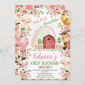 Rainbow & Farm Geburtstag für Mädchen, Landtiere Einladung (Vorne/Hinten)