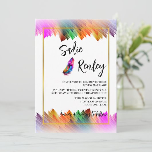 Rainbow Feather Wedding Einladung (Stehend Vorderseite)
