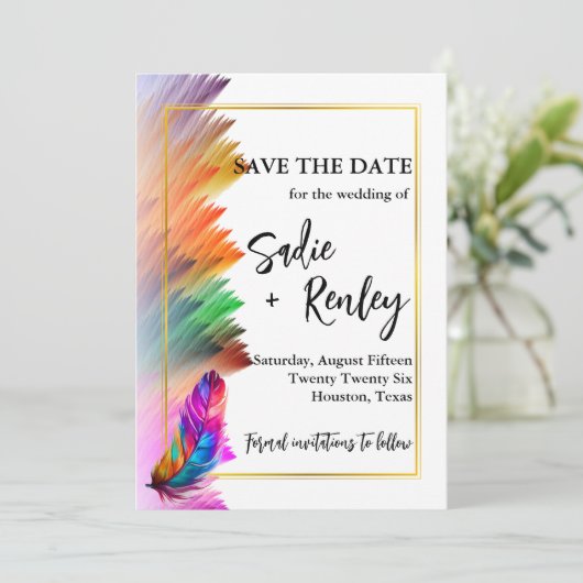 Rainbow Feather Wedding Save the Date Einladung (Stehend Vorderseite)