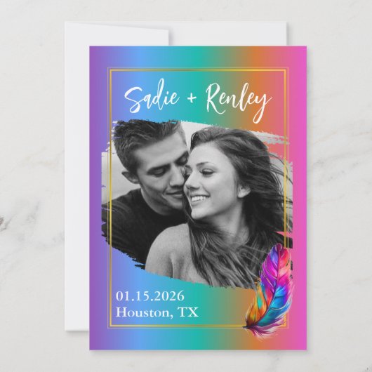 Rainbow Feather Wedding Save the Date Einladung (Rückseite)