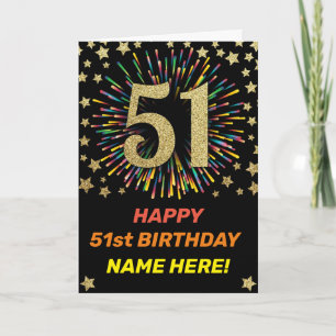 Rainbow Firework 51st Happy Birthday Black & Gold Karte