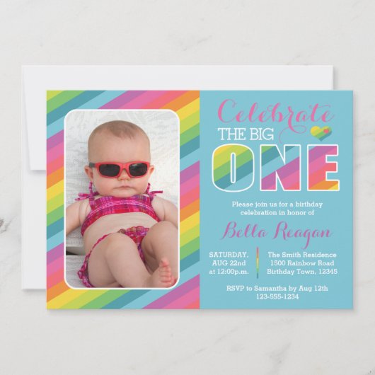 Rainbow First Birthday Party Foto Einladung (Vorderseite)