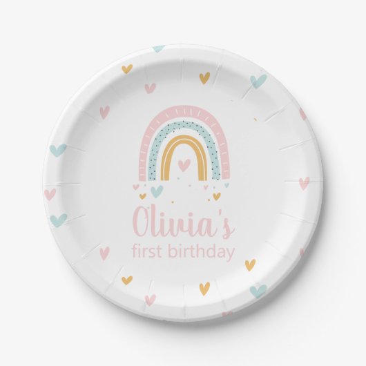 Rainbow First Birthday Party Plate Pappteller (Vorderseite)