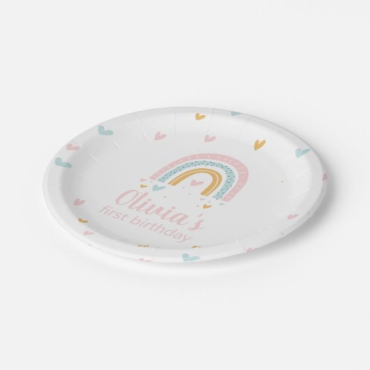 Rainbow First Birthday Party Plate Pappteller (Schrägansicht)