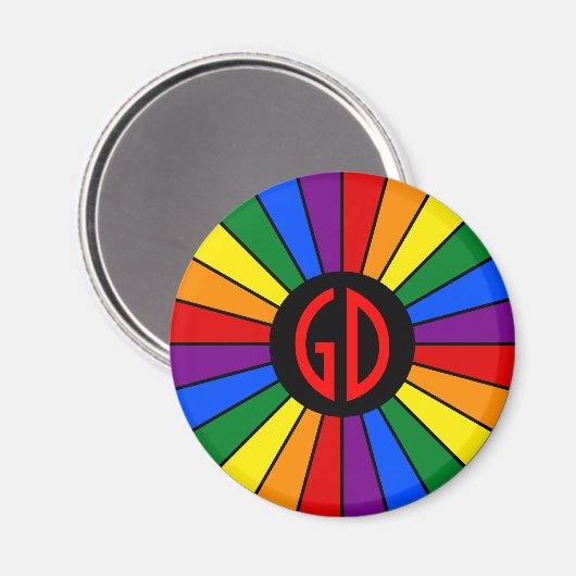 RAINBOW FLAG BUTTON RAYS + Ihr Zeichen oder Monogr Magnet (Vorderseite/Rückseite)