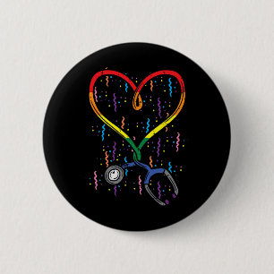 Rainbow Flag Stethoscope Heart Nurse Rn Scrub Gay Button