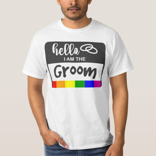 Rainbow Flag Wedding Hello Name Abzeichen für Groo T-Shirt (Vorderseite)