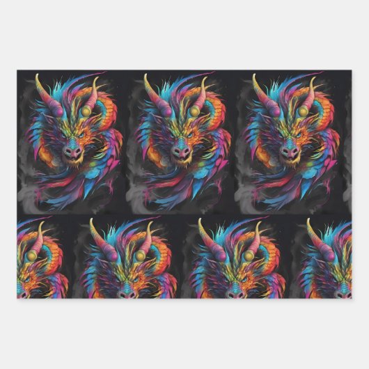 Rainbow Flame - mehrfarbiger Fantasiedrache Geschenkpapier Set (Vorderseite)