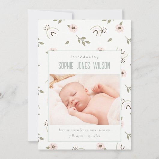 Rainbow Floral Foto Baby Girl Birth Ankündigung (Vorderseite)
