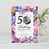 Rainbow Floral Garden Photo 50th Birthday Party Einladung (Stehend Vorderseite)