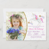 Rainbow Floral Magical Unicorn Girl Birthday Foto Einladung (Vorderseite)