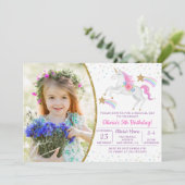 Rainbow Floral Magical Unicorn Girl Birthday Foto Einladung (Stehend Vorderseite)