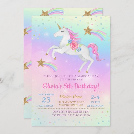 Rainbow Floral Magical Unicorn Girls Birthday Einladung (Vorne/Hinten)