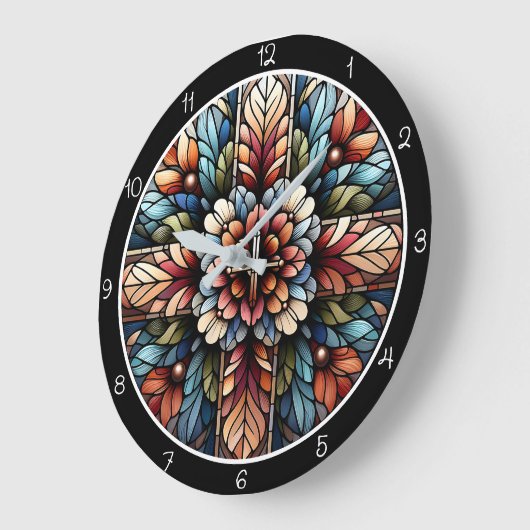 Rainbow Floral Stained Glass Cross Große Wanduhr (Winkel)