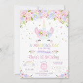 Rainbow Floral Unicorn Birthday Invitation Pastel Einladung (Vorderseite)