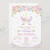 Rainbow Floral Unicorn Birthday Invitation Pastel Einladung (Vorne/Hinten)