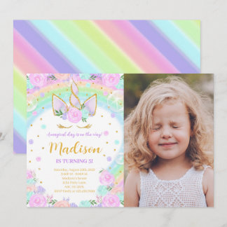 Rainbow Floral Unicorn Geburtstags-Foto Einladung