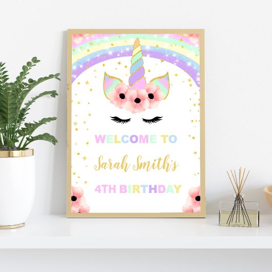 Rainbow Floral Unicorn Geburtstagsparty Begrüßungs Poster