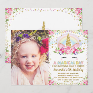 Rainbow Floral Unicorn Geburtstagsparty Einladung