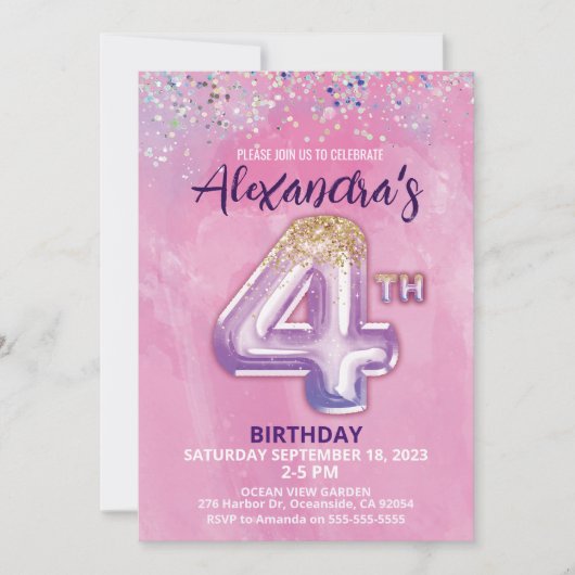 Rainbow Foil Balloon Girl 4. Geburtstag Einladung (Vorderseite)