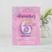 Rainbow Foil Balloon Girl 6. Geburtstag Einladung (Stehend Vorderseite)